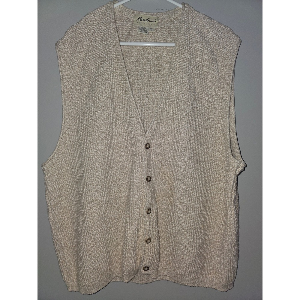 Eddie Bauer Mens Vintage Cotton Knit Sweater Vest XL Beige Button Front USA Made